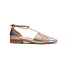 A metallic rose gold flat sandal with a pointed toe, featuring a T-strap design, wellness collection with supportive comfortable sole